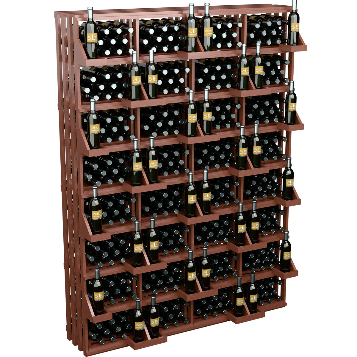 Wine bottle wall display with red-brown frame and bulk bins, stacked rows of bottles