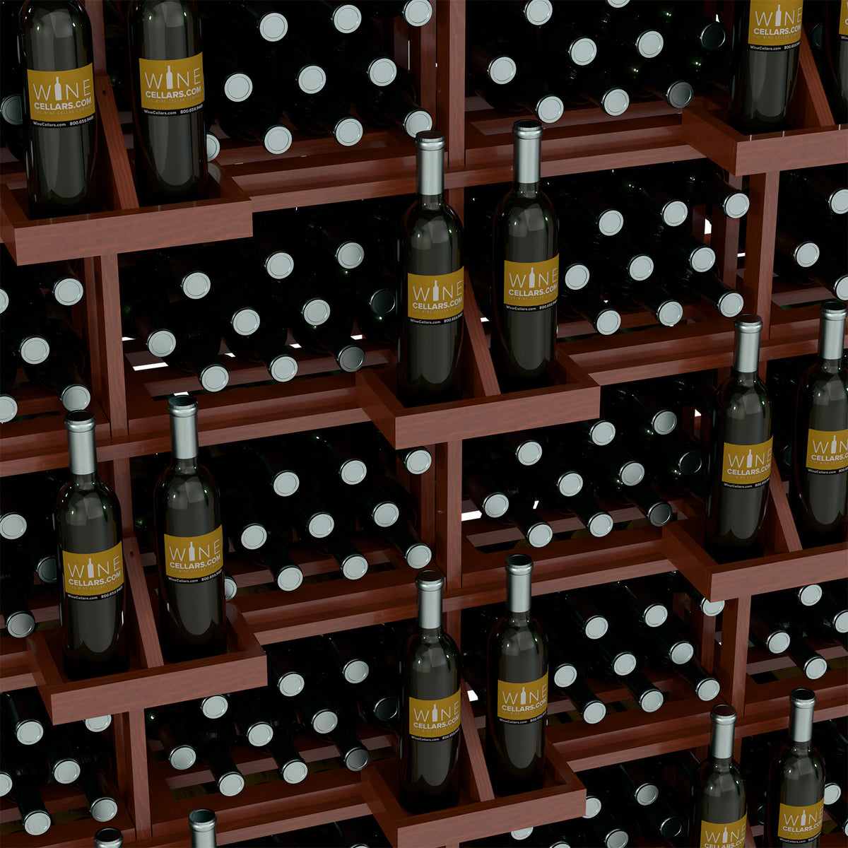 Wine bottle wall display close-up with red-brown shelves and bottle row compartments