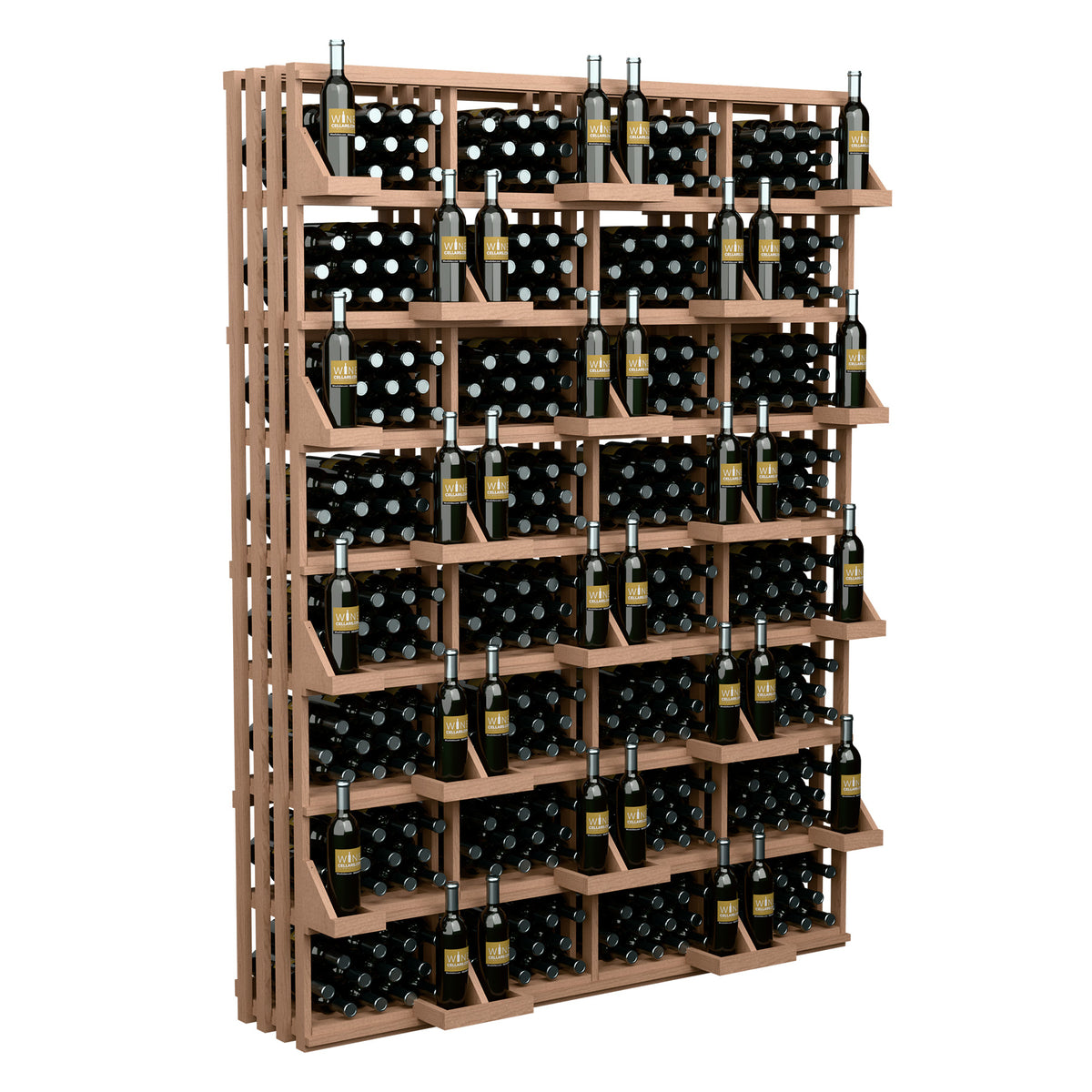 Medium wood bottle wall display rack with black bins and wine bottles
