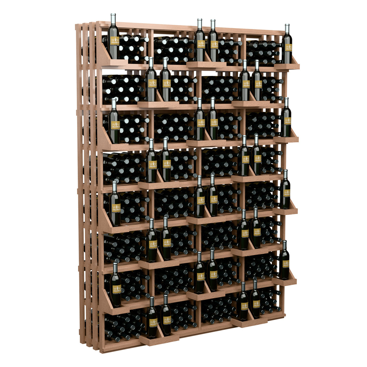 Wine bottle wall display with light wood frame and bulk bins, wide multi-tier bottle rack