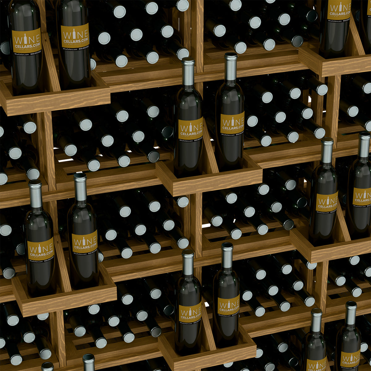 Wood wine bottle wall rack close-up with slatted shelves and metal holders; dark bottles