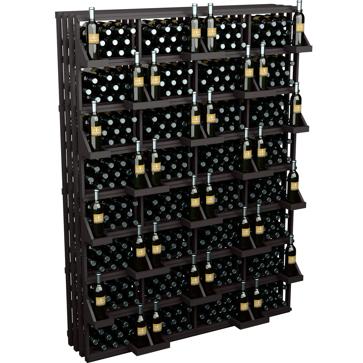Black bottle wall display rack with black bins and wine bottles