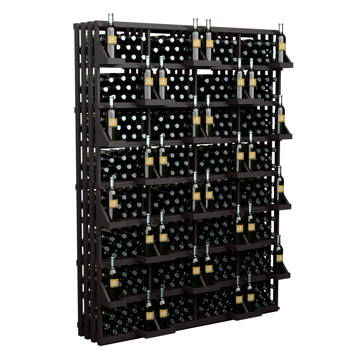 Wine bottle wall display with black frame and multi-tier bottle storage