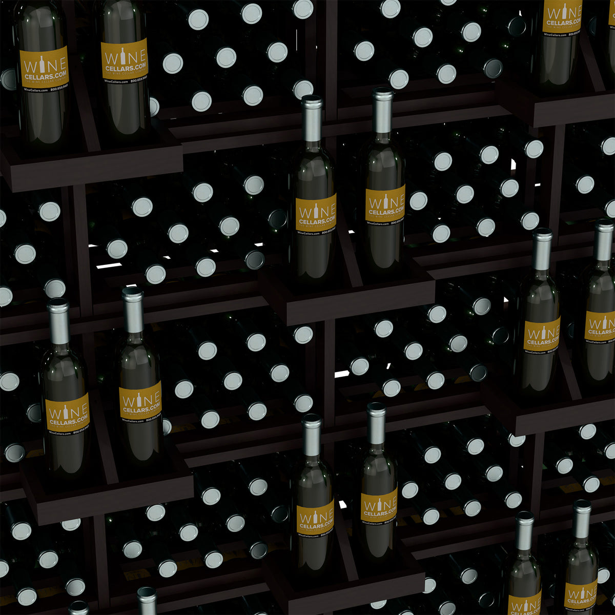 Wine bottle wall display shelf close-up with capped bottles in dark bins