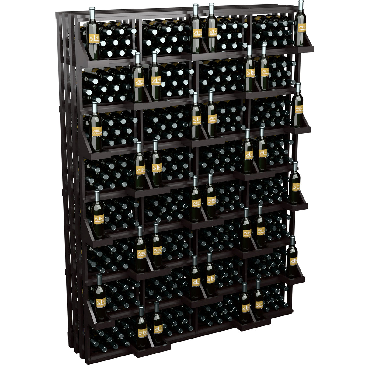 Dark wood bottle display rack with multiple rows holding wine bottles