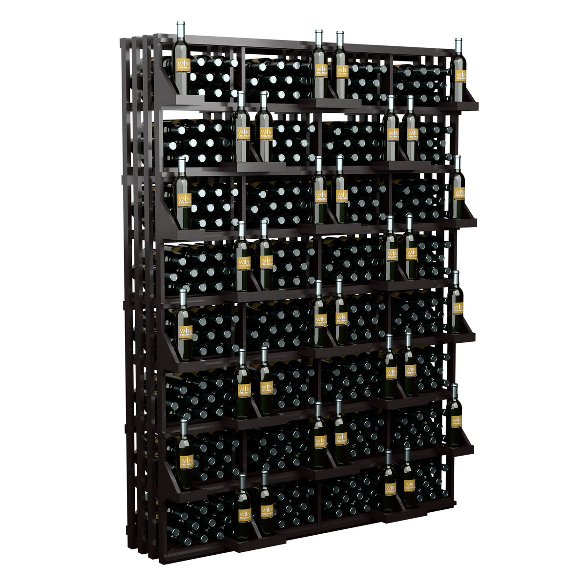 Black-stained wood bottle display wall rack with stacked wine bottle rows