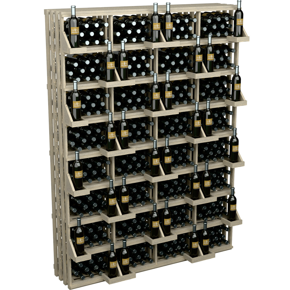 Wine bottle display rack with medium grey wood shelves and black bulk bin inserts