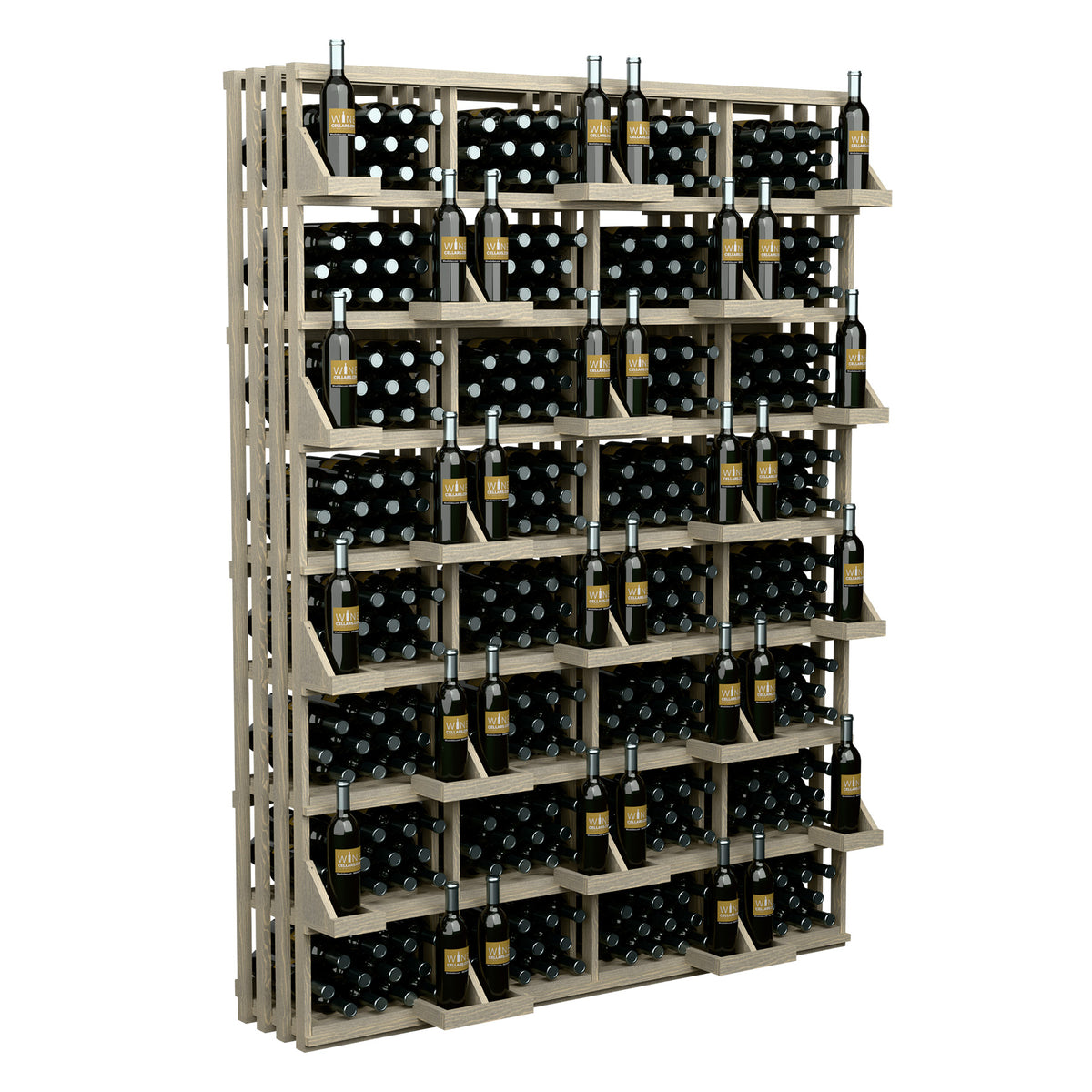 Light wood wine bottle wall display with stacked cubbies and rows of black wine bottles