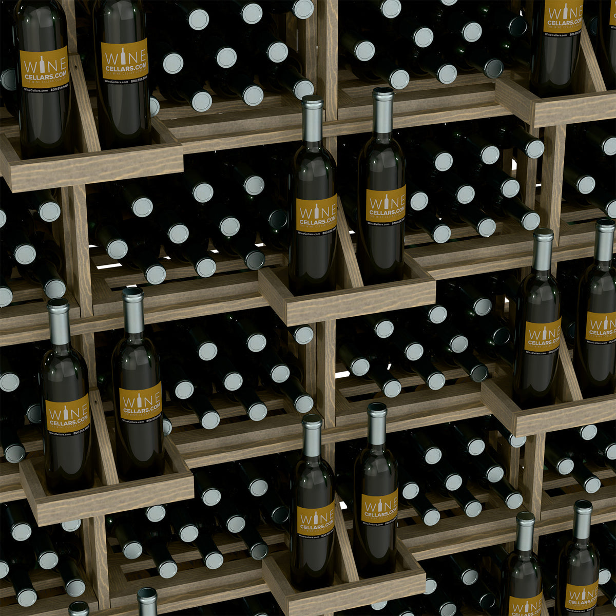 Wine bottle wall display with bulk bins, black bottle cradles and dark wood racks