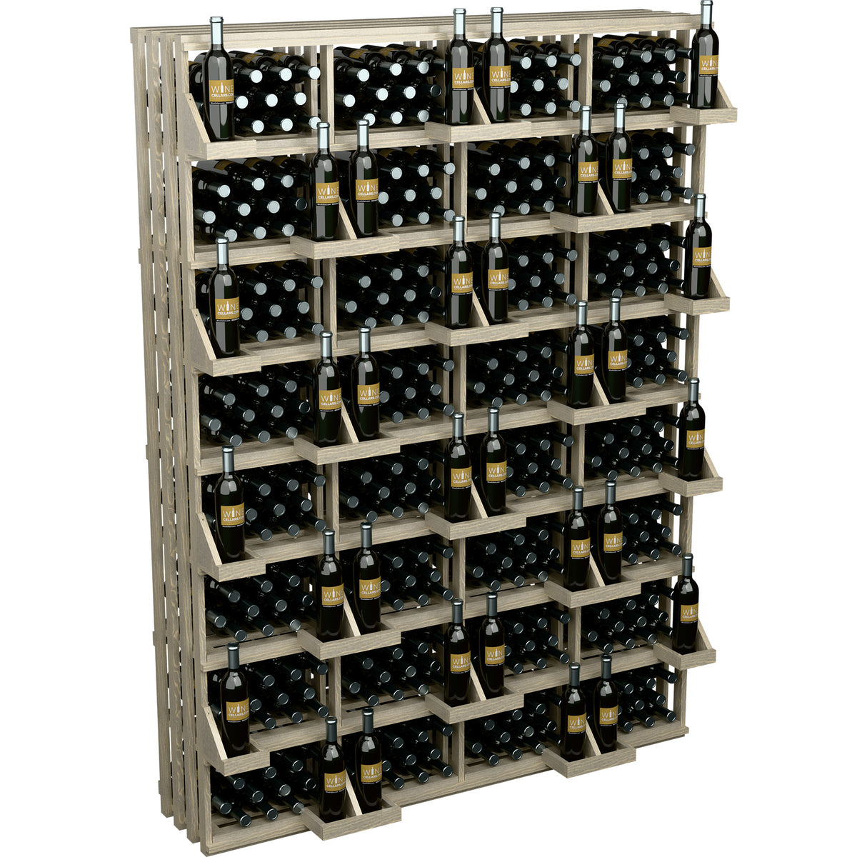 Light wood bottle display rack with stacked rows for storing wine bottles