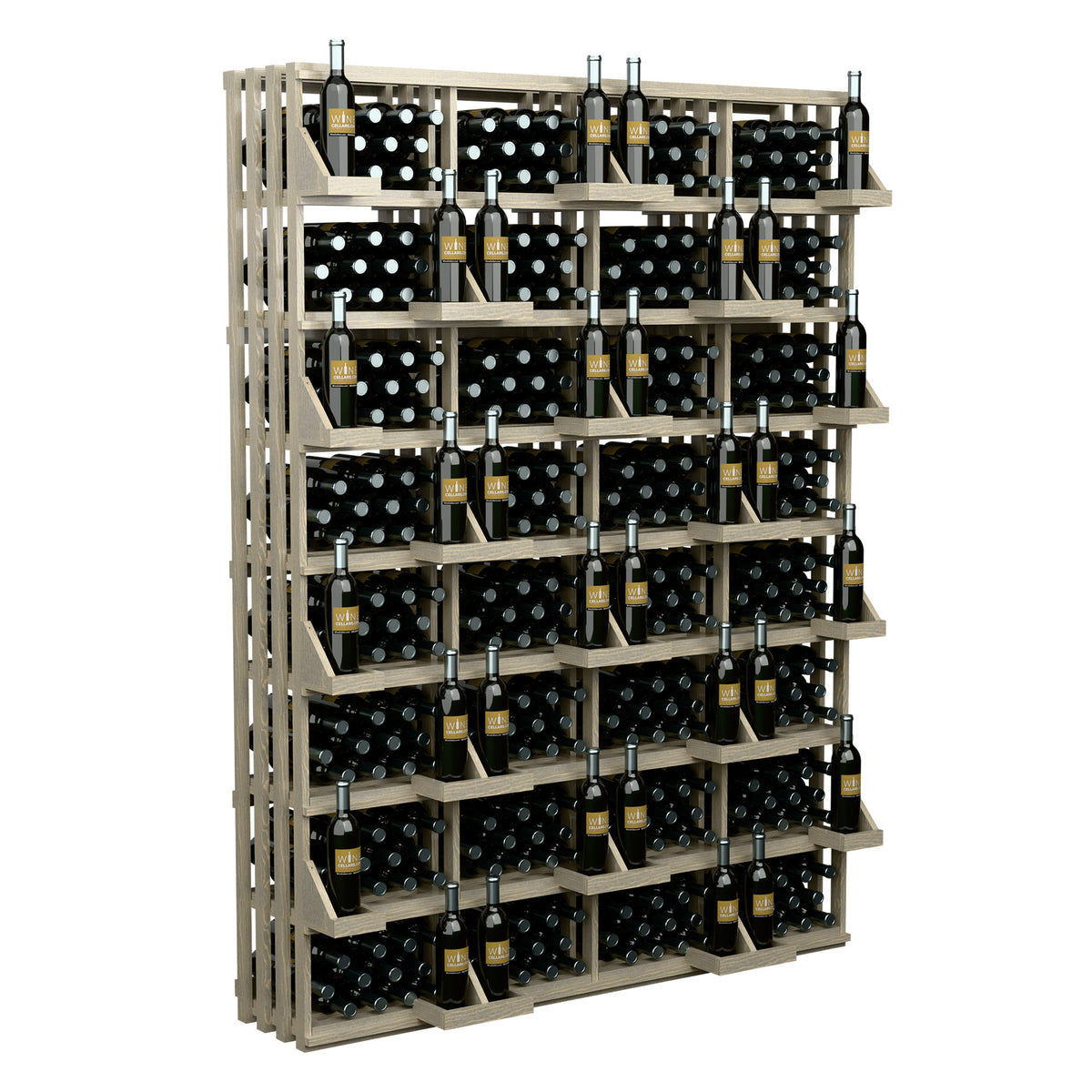 Light wood wall-mounted bottle display rack with multiple wine bottle storage bins