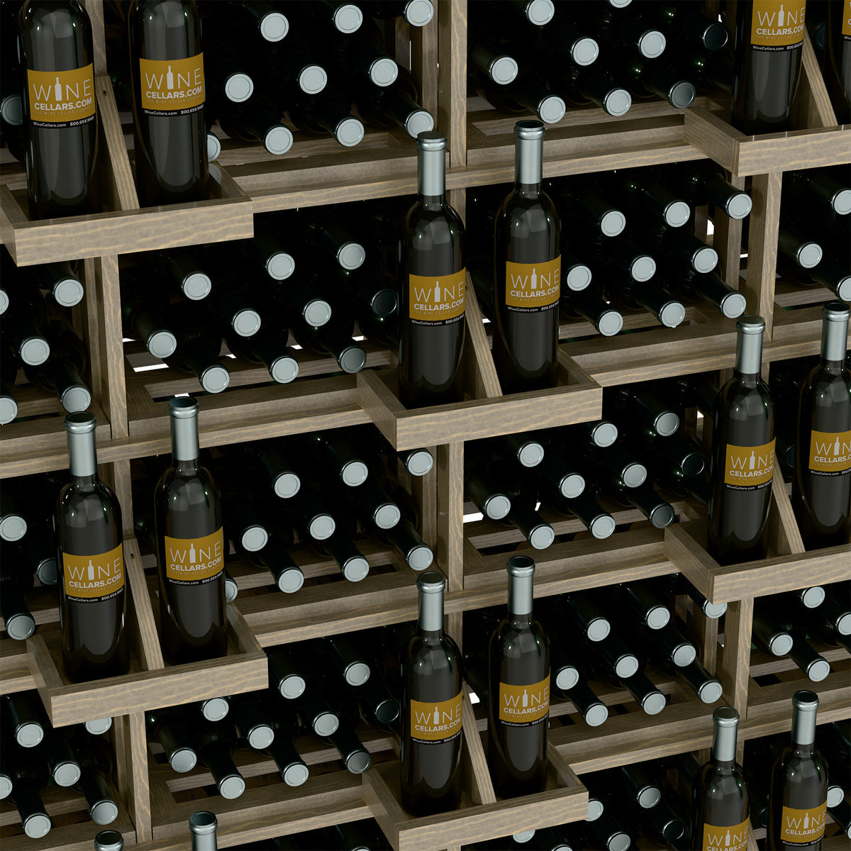 Light wood wine bottle shelf bins with bottles and black dotted backing