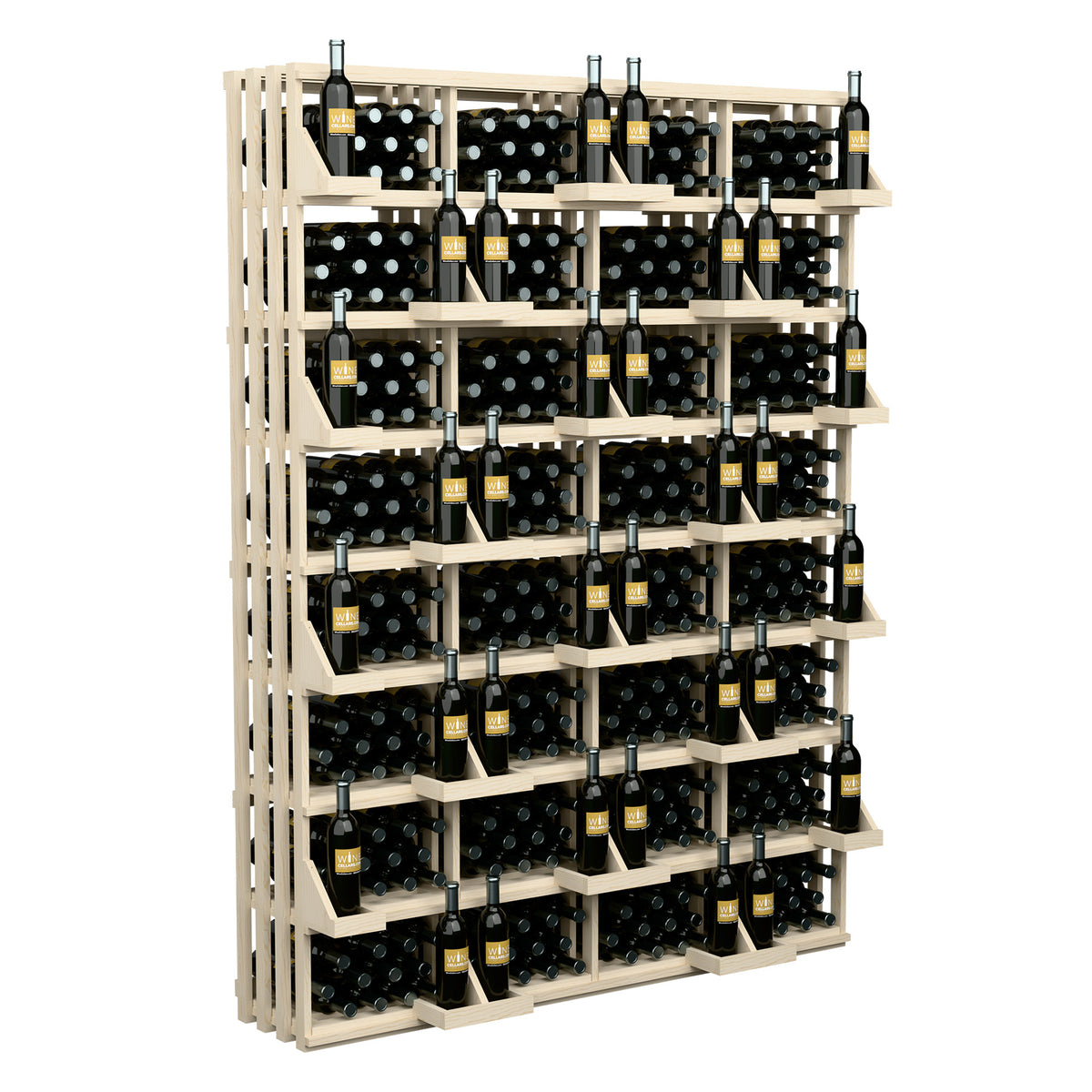 Light wood bottle wall display rack with multiple shelves and upright wine bottles