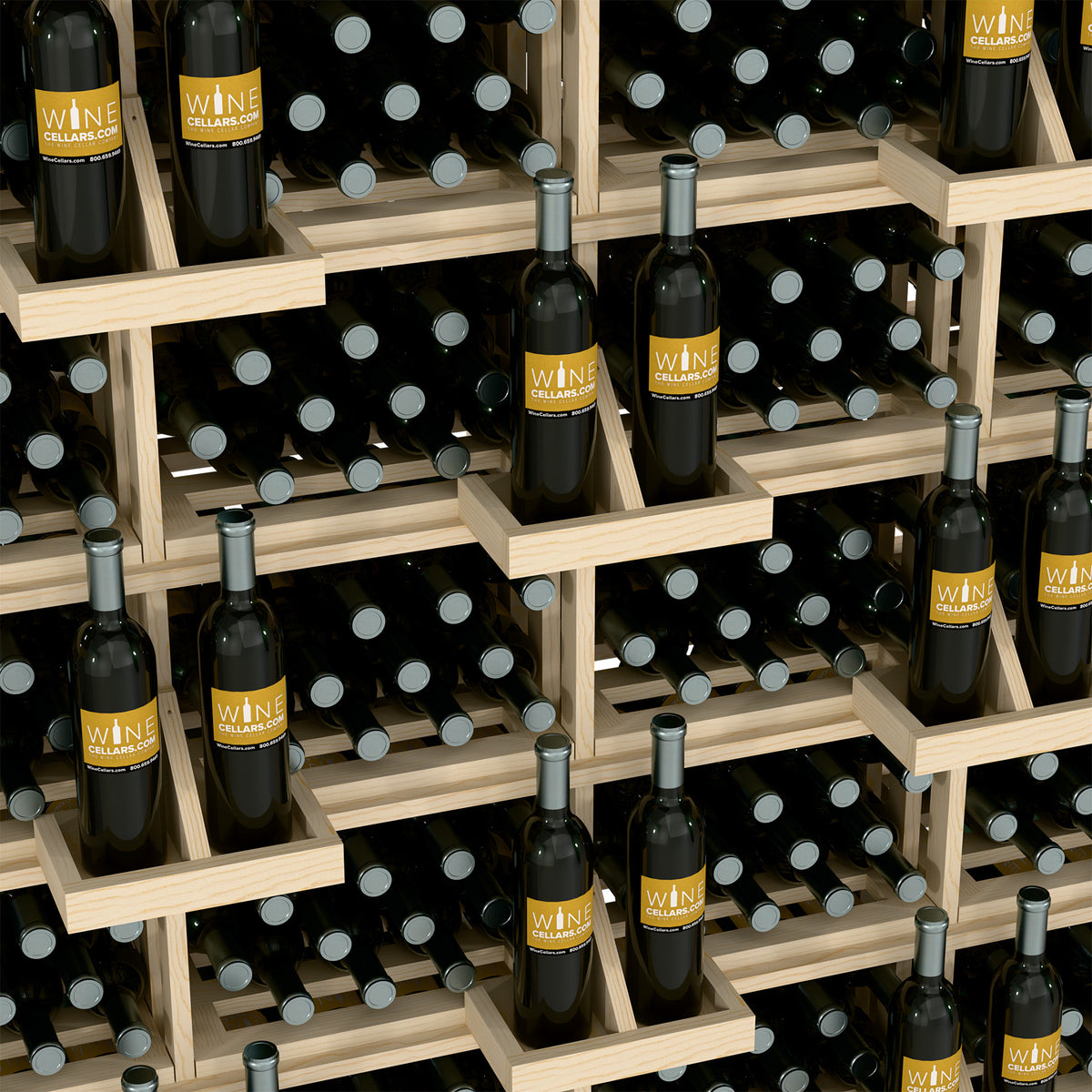 Wine bottle wall display with bulk bins, light wood rack with multiple bottle compartments