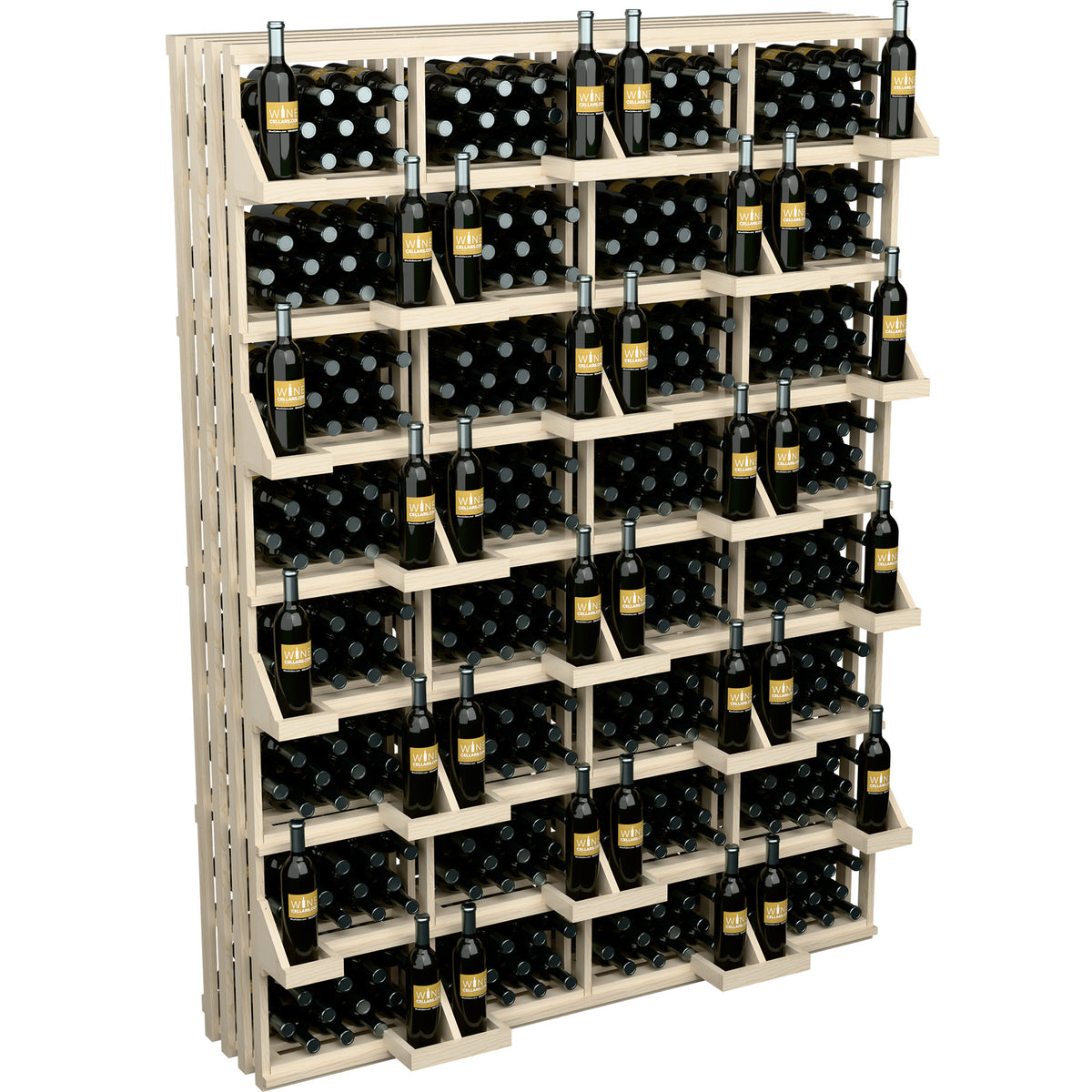 Light wood bottle display rack with stacked rows holding wine bottles