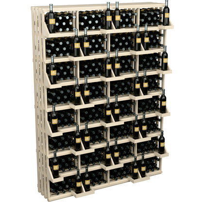 Light wood bottle display rack with stacked rows holding wine bottles