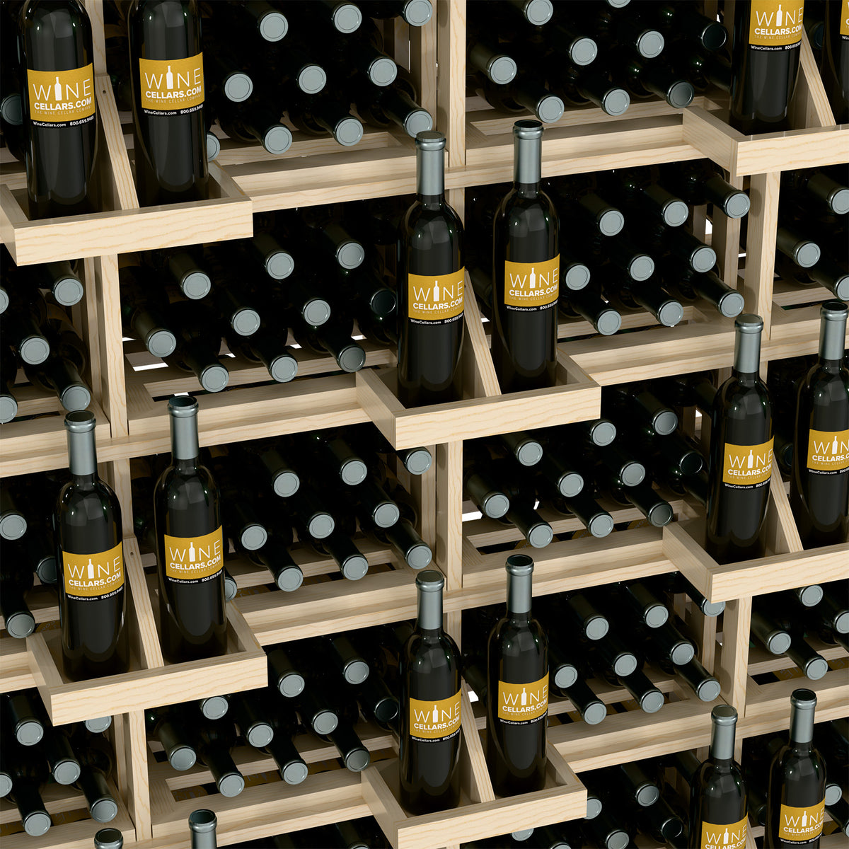 Light wood wine bottle wall display with open bulk bins, filled with black bottles