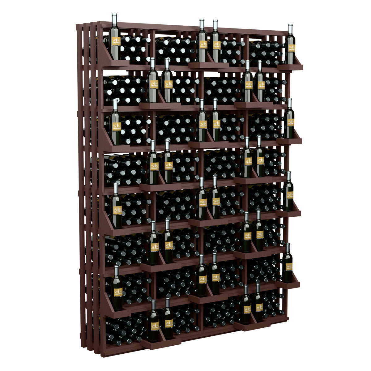 Wine bottle wall display with bulk bins, dark bottle grid in brown wood frame