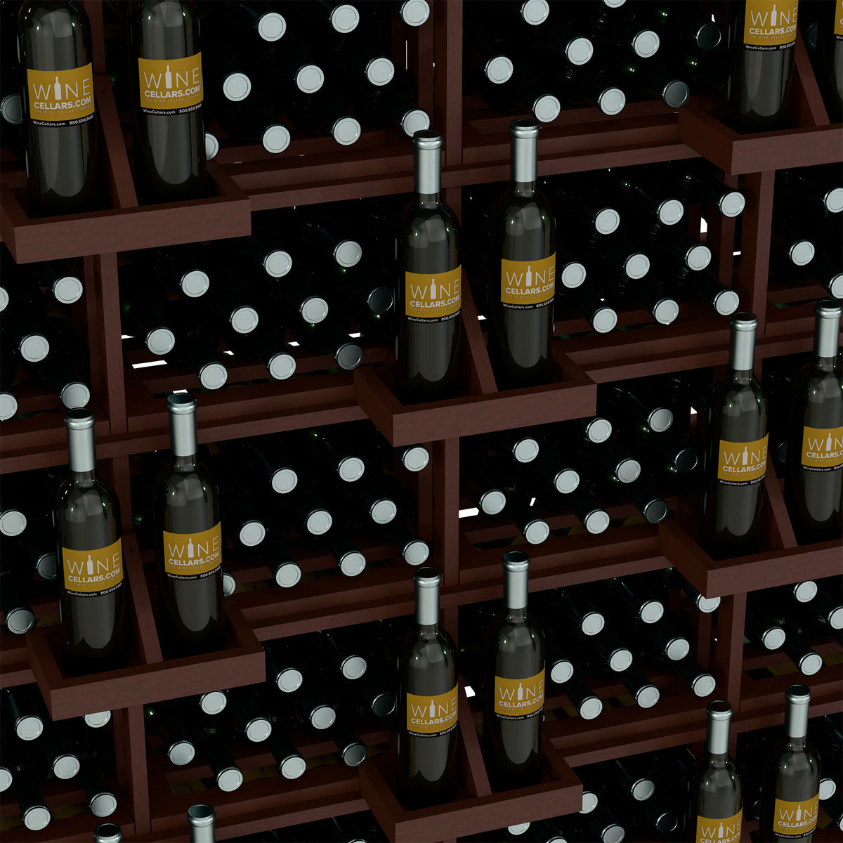 Close-up of wine bottles in wooden wall display bins with round bottle cutouts