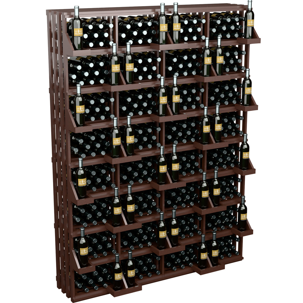 Dark wood wine bottle wall display with bulk bins, rows of black bottles