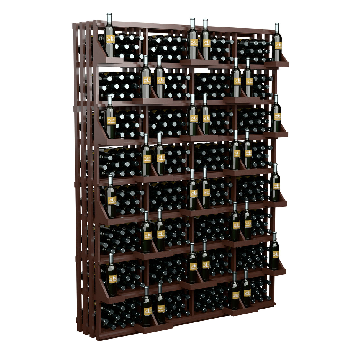 Brown wine bottle wall display with bulk bins, front view with stacked black bottles