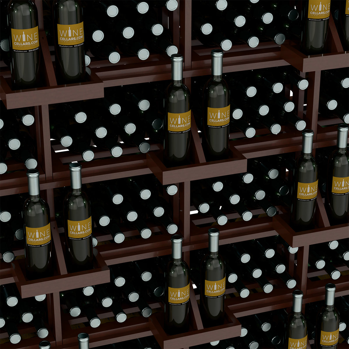 Dark wood wine bottle display with bulk bins and silver holders, black bottles