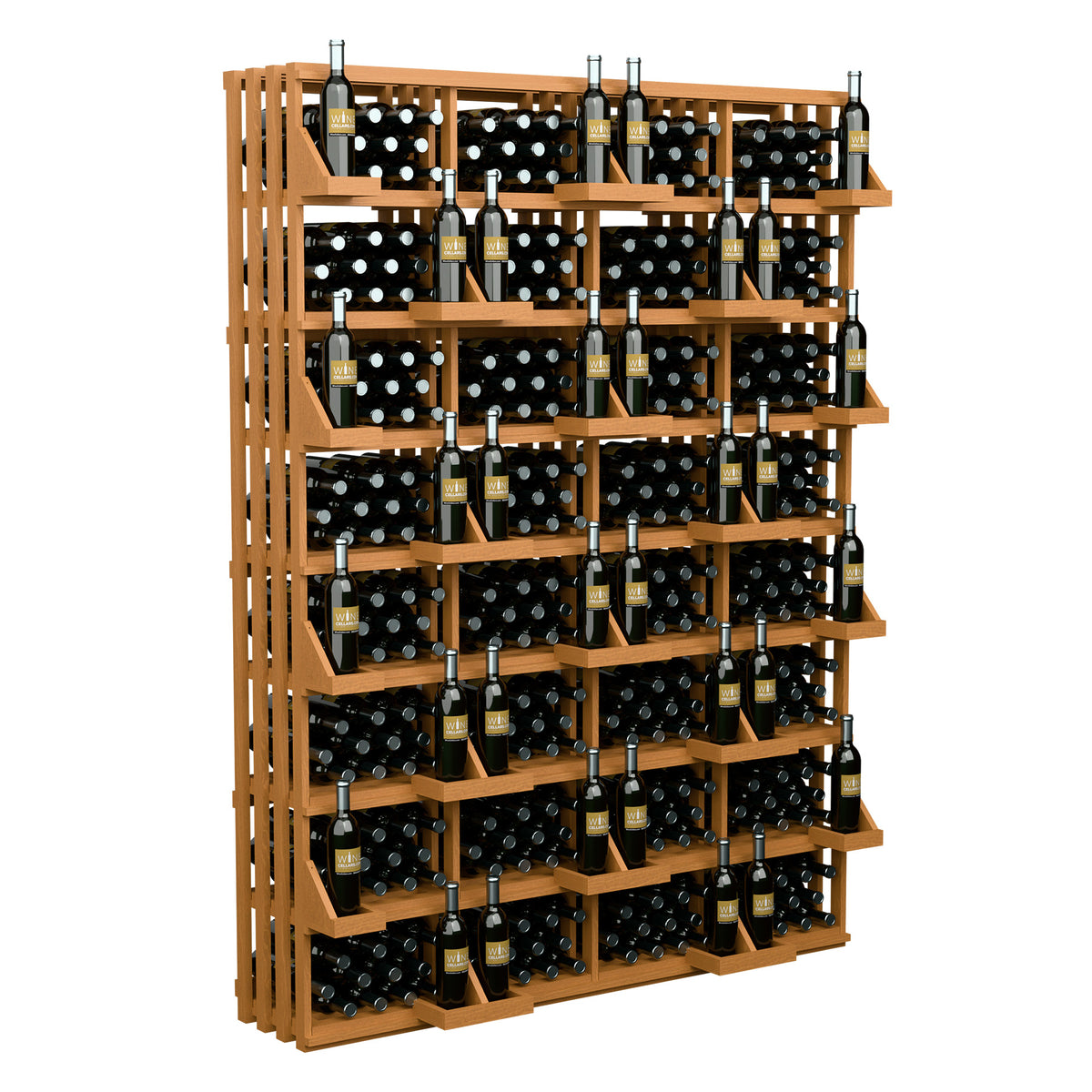 Wine bottle wall display with bulk bins, warm wood frame with multiple bottle rows