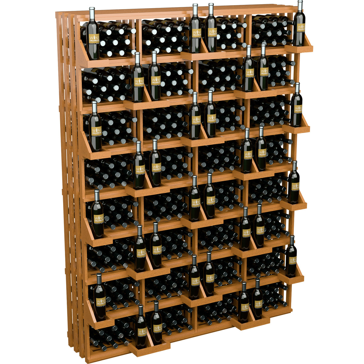 Natural wood wine bottle wall display with bulk bins, grid shelves filled with bottles