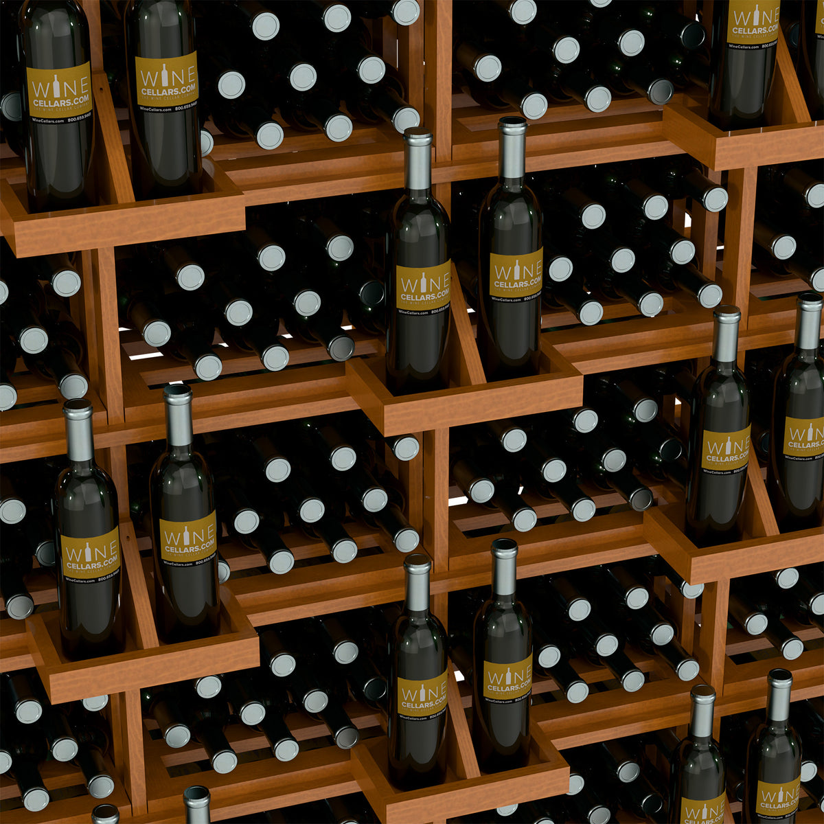 Wood wine bottle display with open bulk bins and many black bottles across shelves