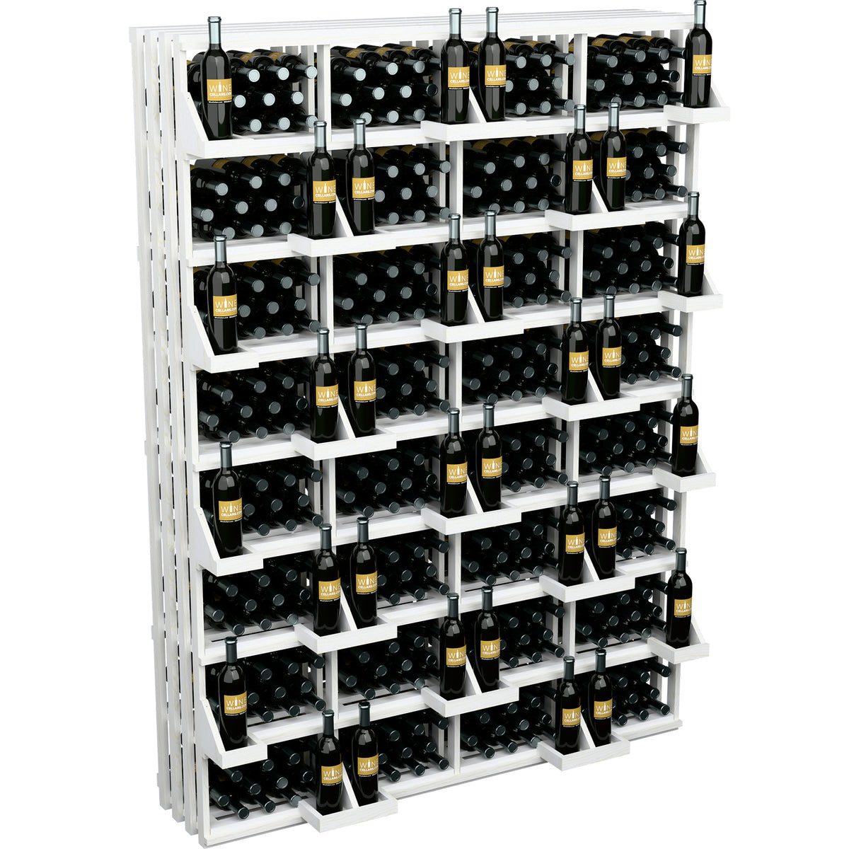 White-finished bottle wall display rack with black bins and wine bottles