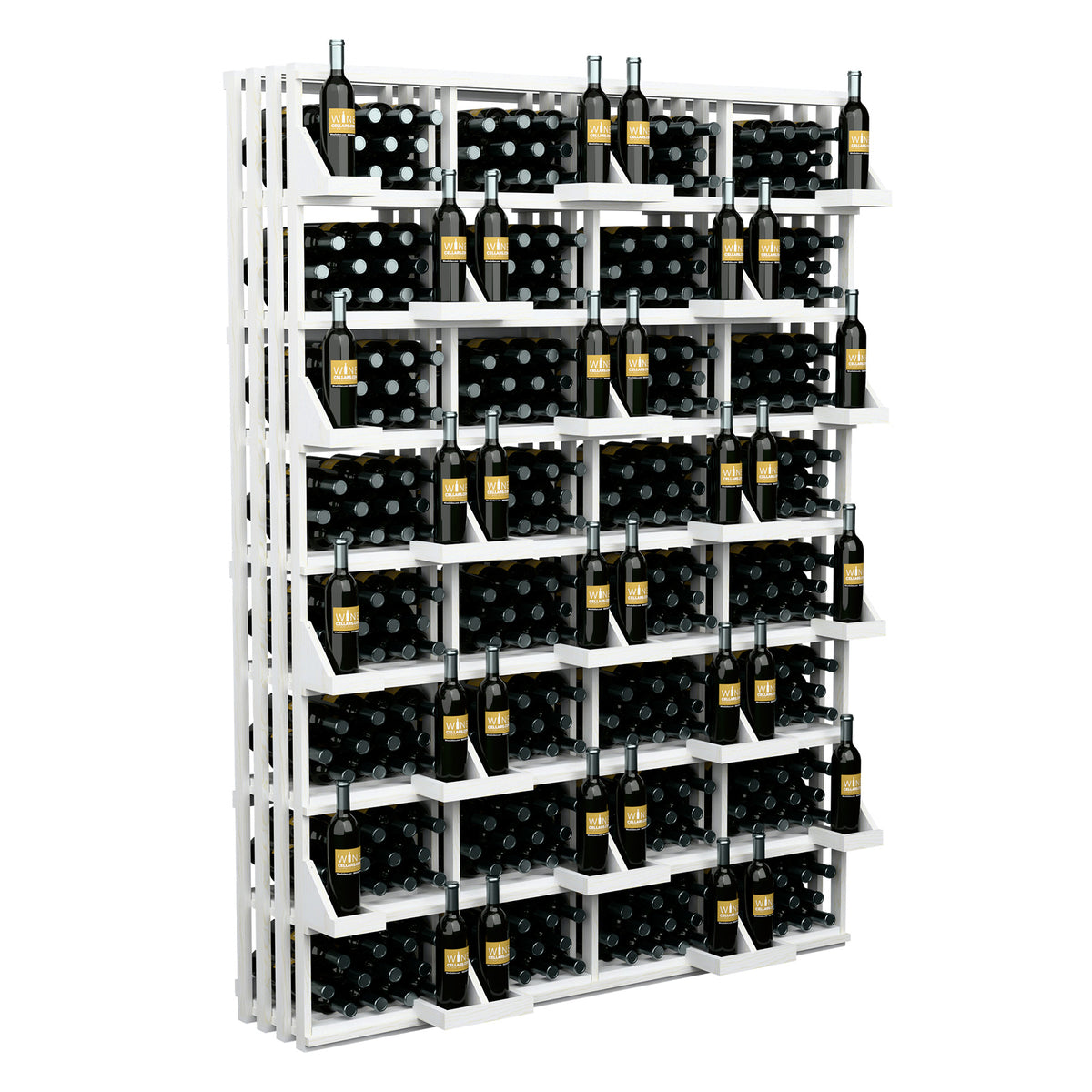 Wood bottle wall display with bulk bins, white frame, black bottle cradles