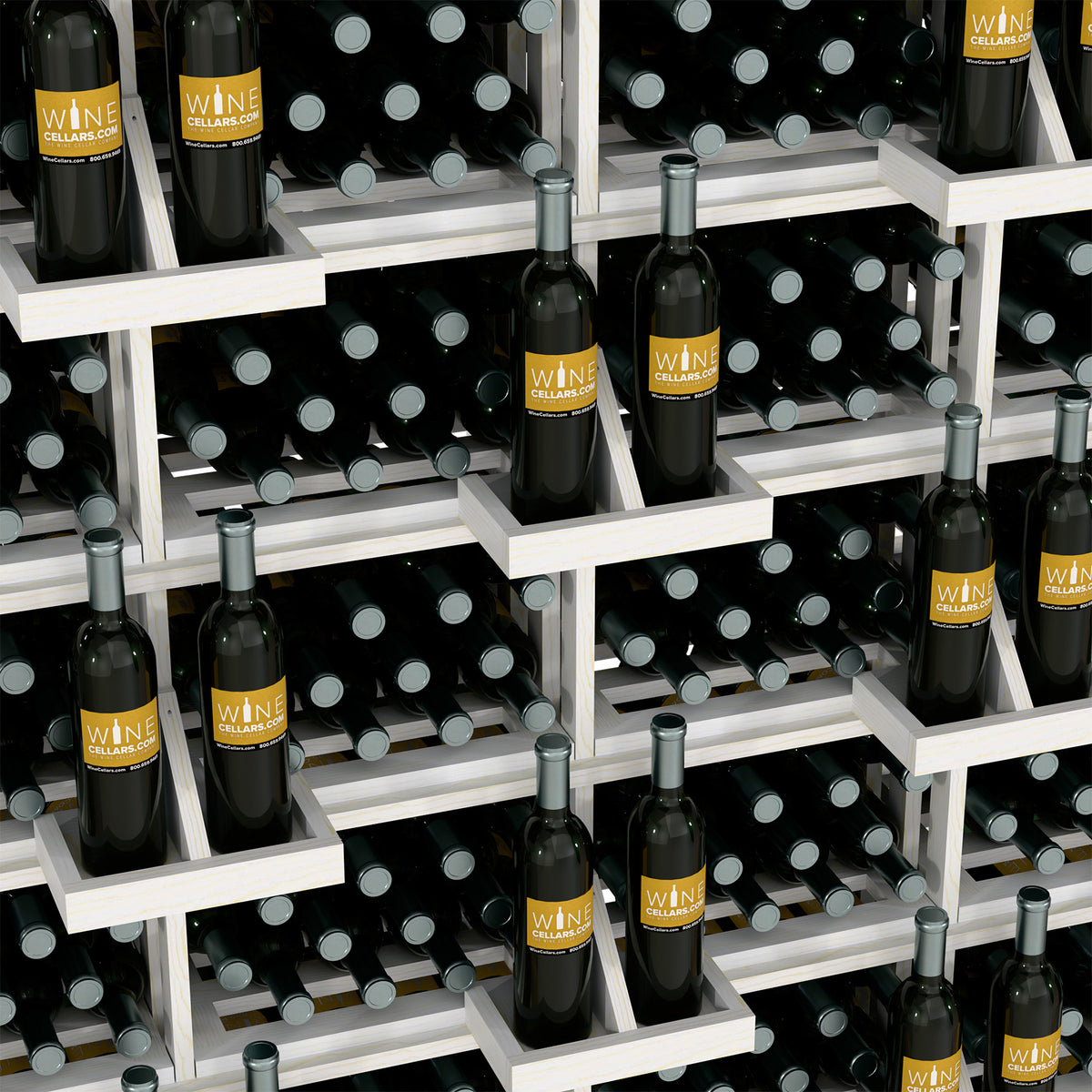 Commercial bottle wall display with bulk bins, light wood shelves and wine bottle storage