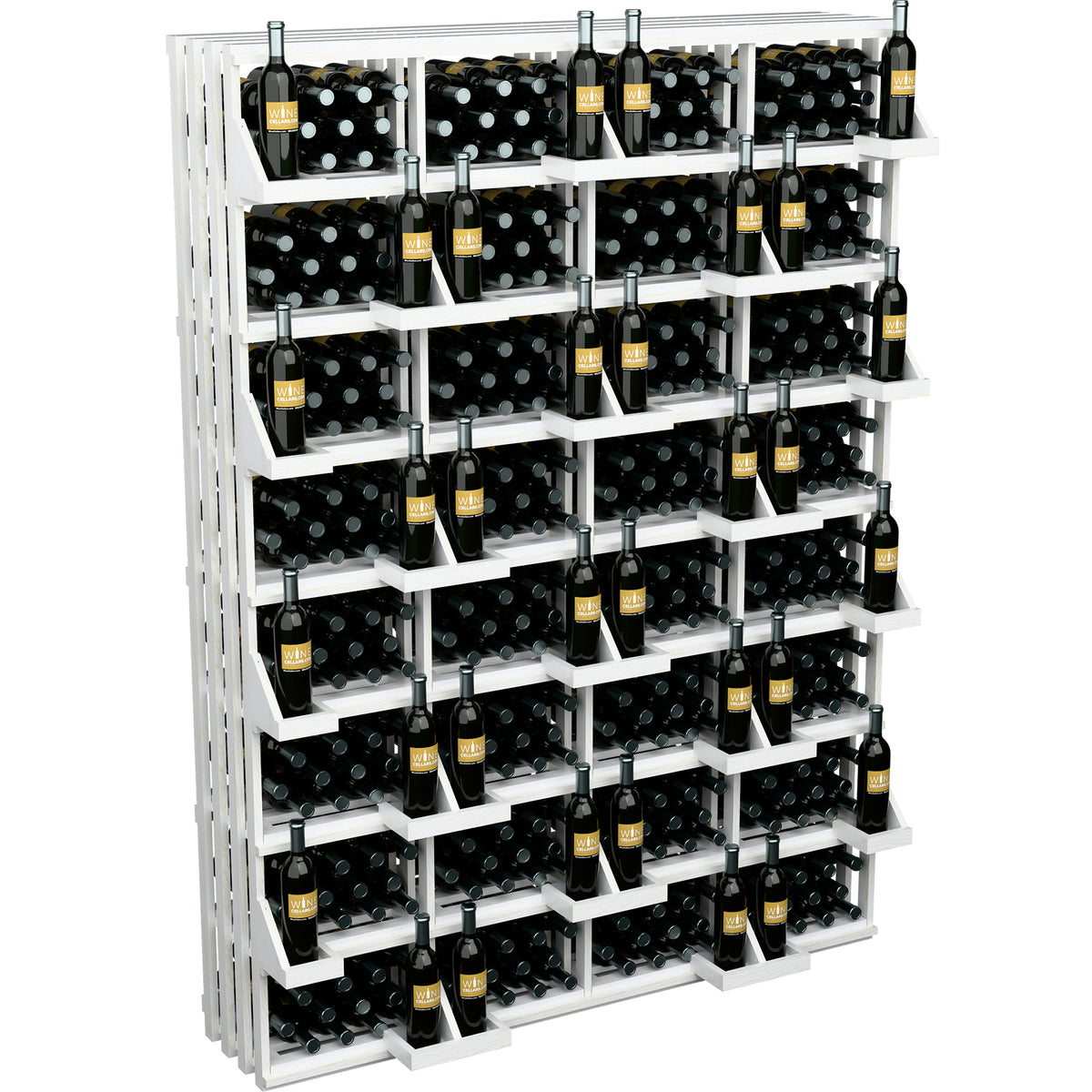 White wine bottle wall display with bulk bins, shelves holding black bottles