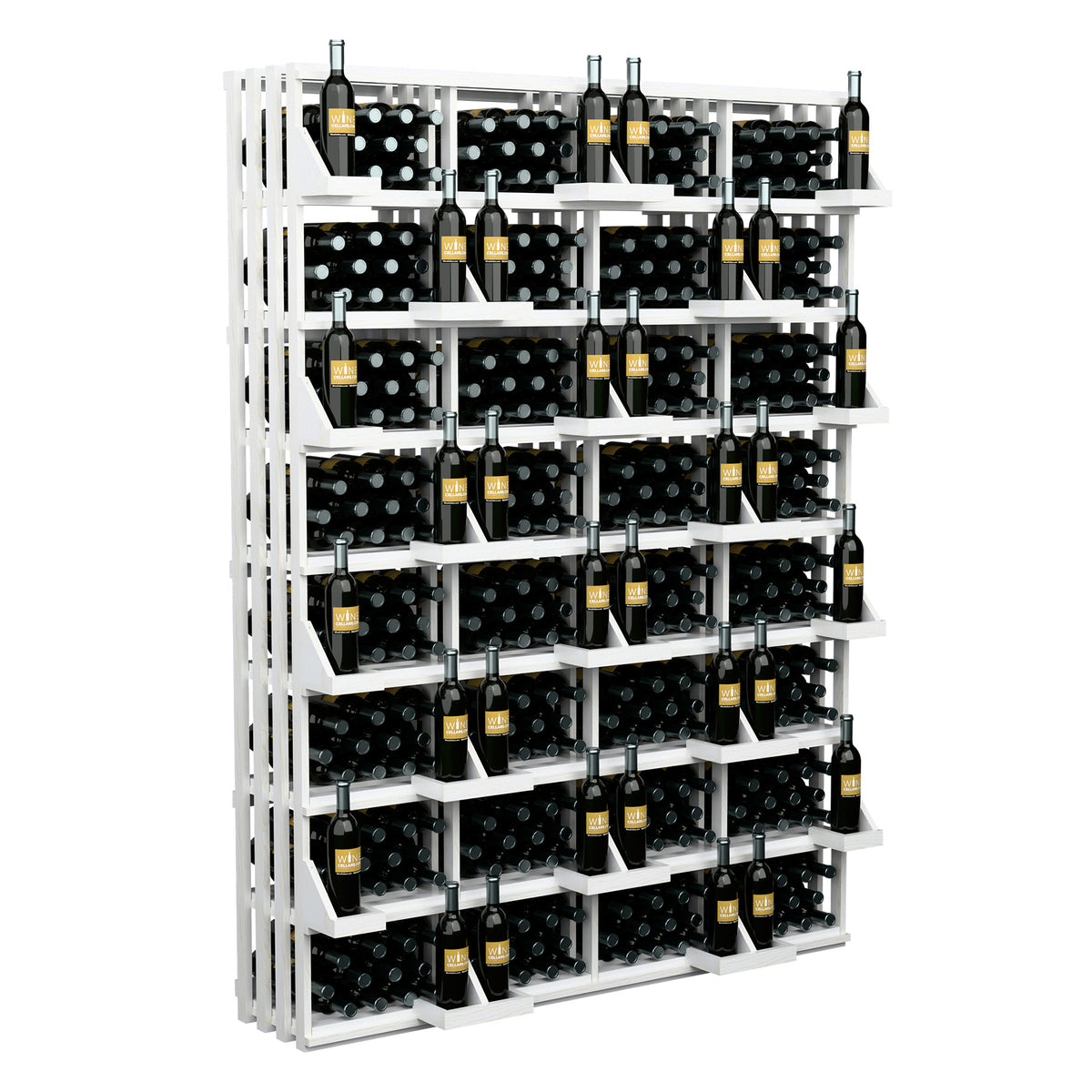 White-framed wine bottle display with bulk bins, multiple rows of black bottles