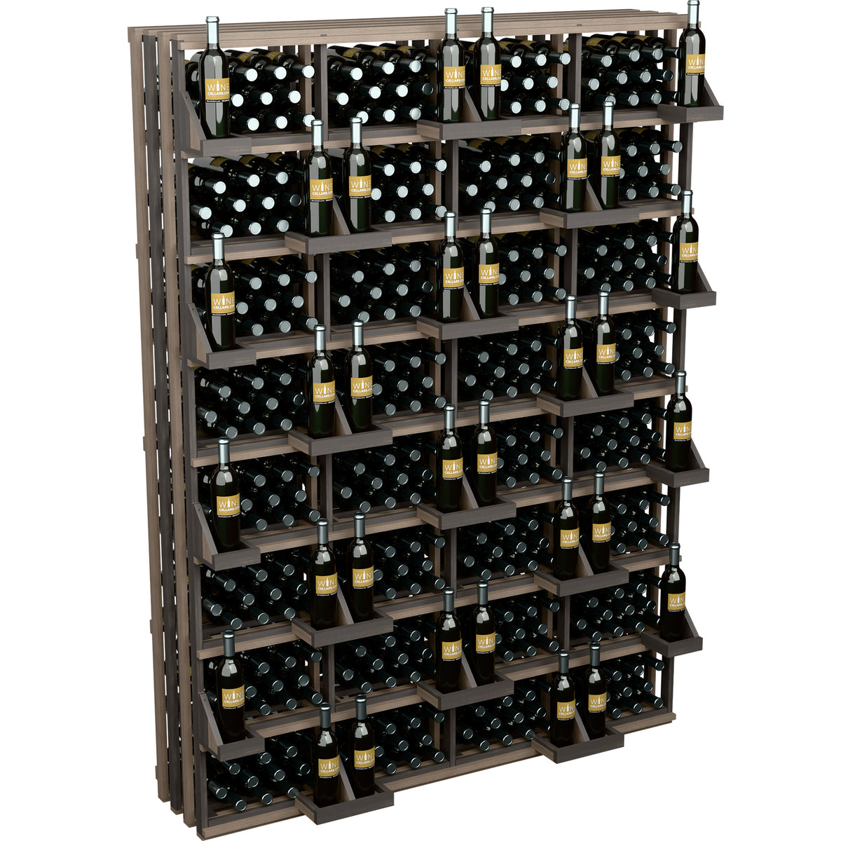 Wine bottle display rack with dark grey wood shelves and black bulk bin inserts