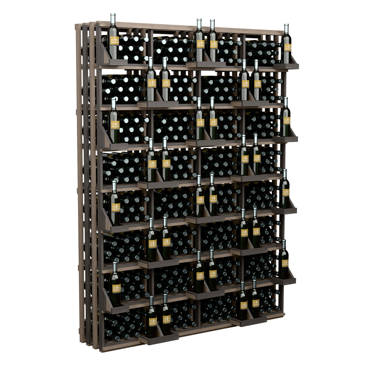 Wood bottle wall display with bulk bins, white-and-black bottle storage rack