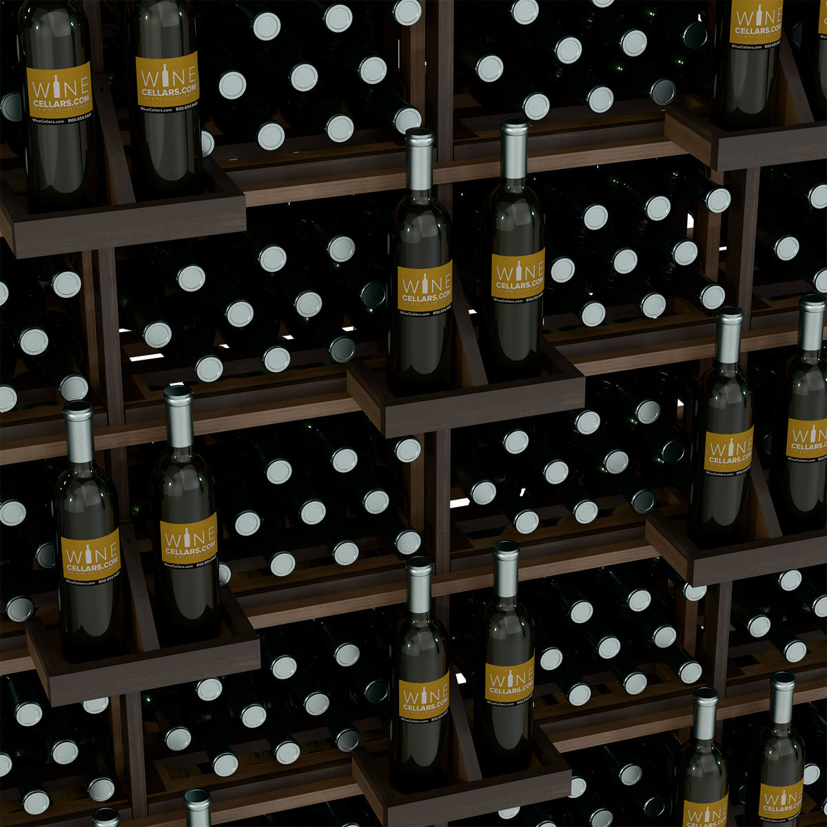 Commercial bottle wall display with black bins and multiple wine bottles