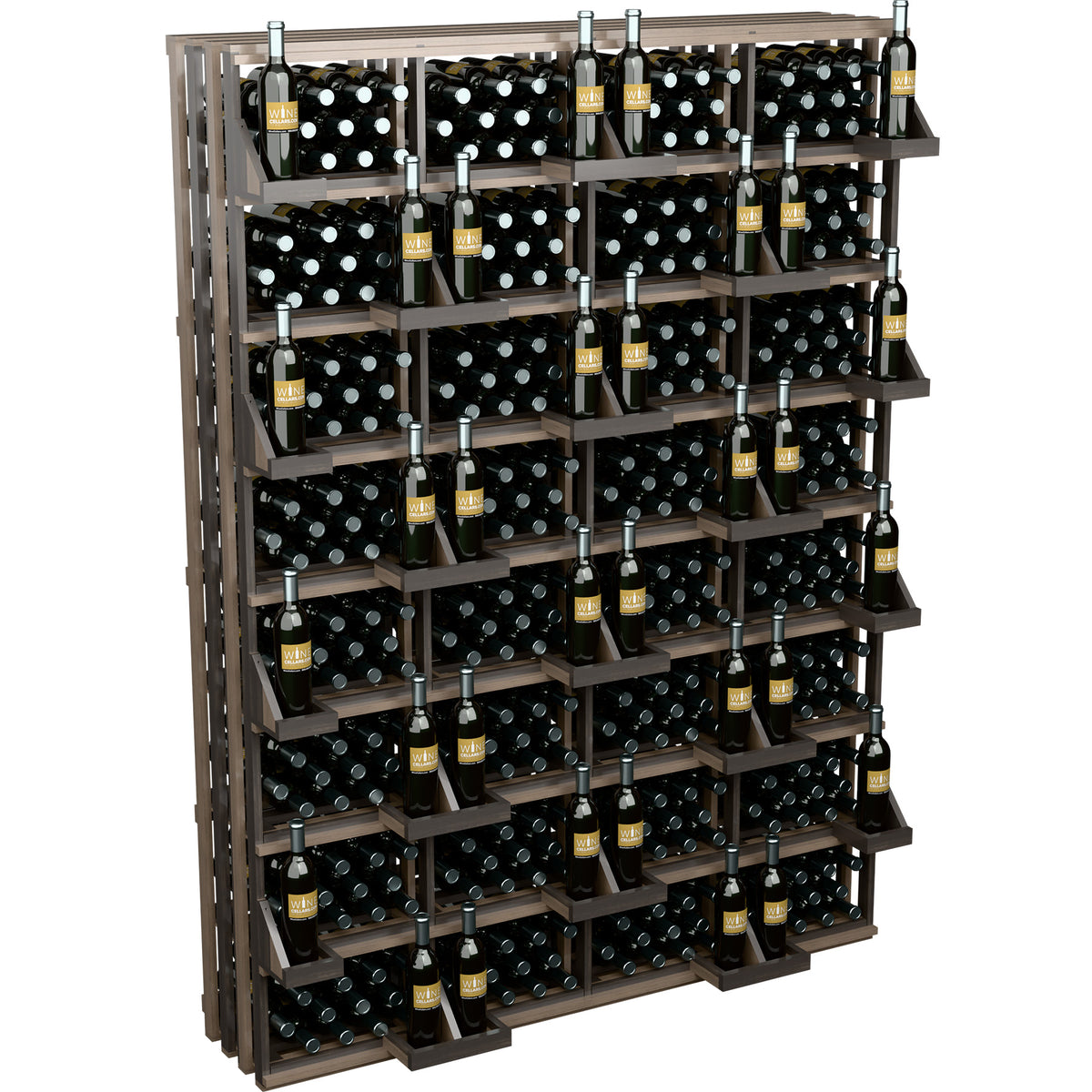 Commercial wine bottle wall display with dark wood slat shelves and rows of bottles