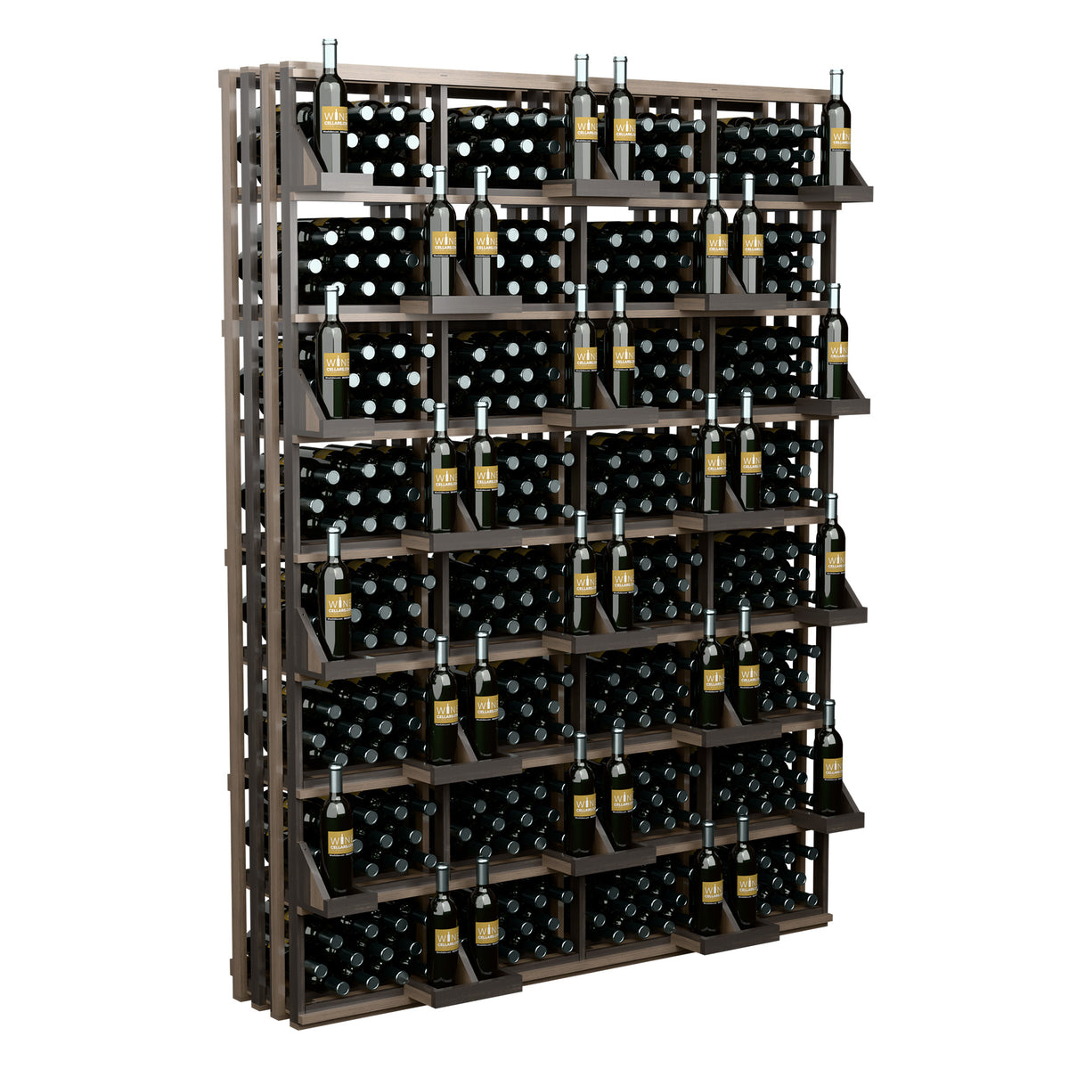 Commercial wine bottle wall display with dark wood shelves and bottle-filled bins