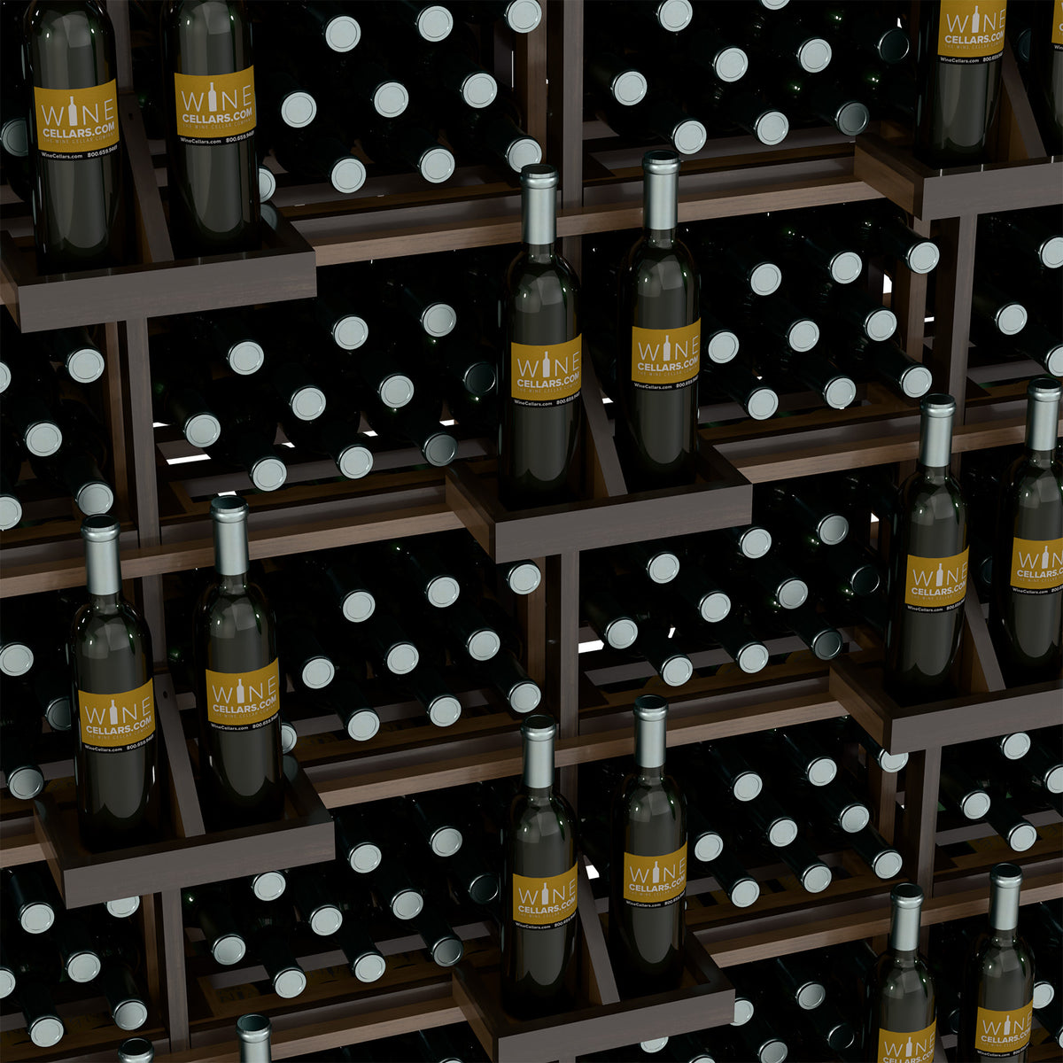 Wood wine bottle rack with square compartments holding capped bottles