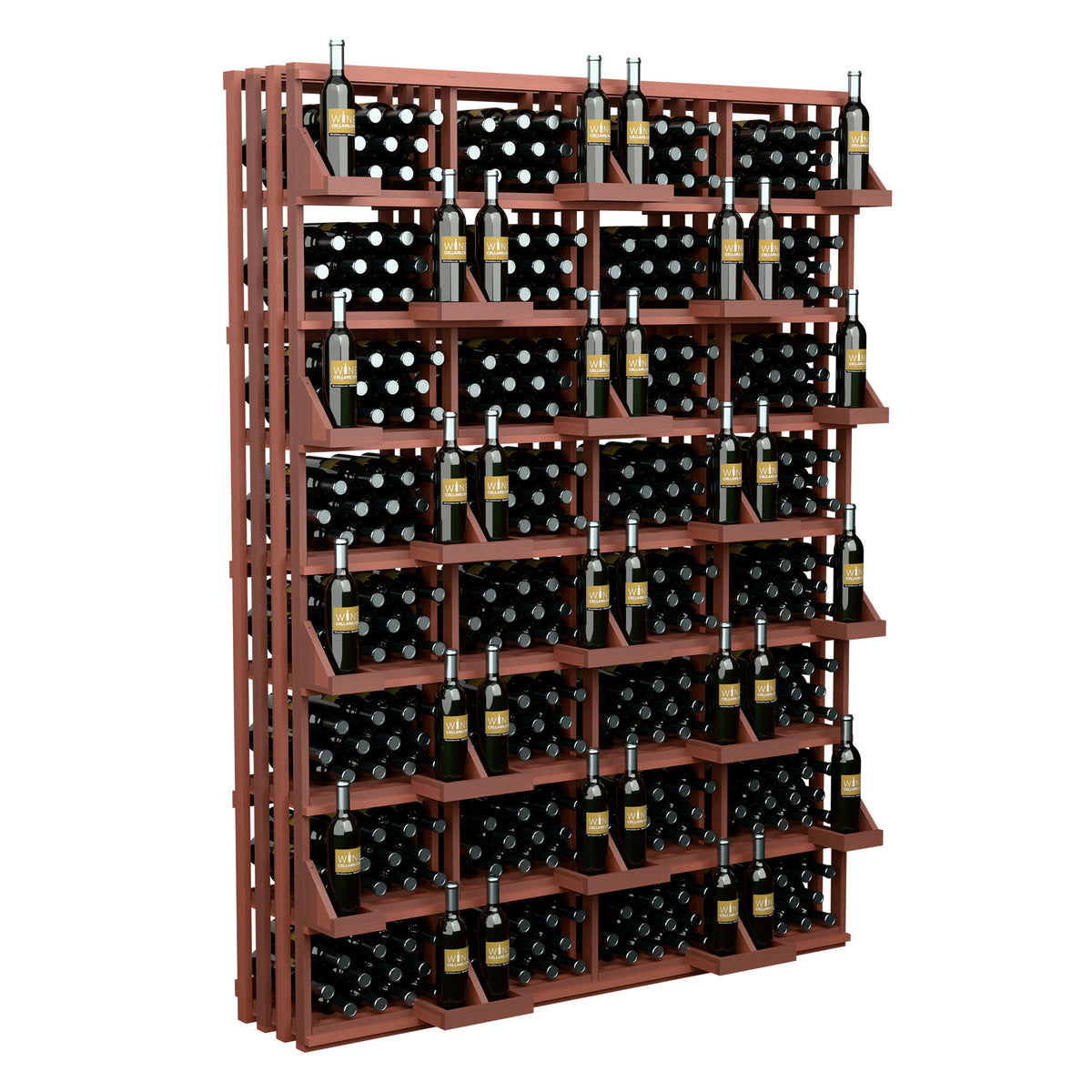 Red-brown stained wood wine bottle wall display with stacked cubbies and dark bottles