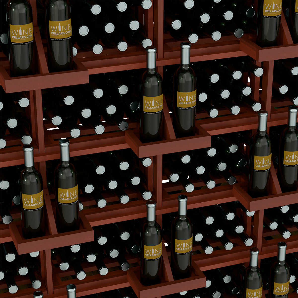 Red-brown bottle wall display with black bins and wine bottles