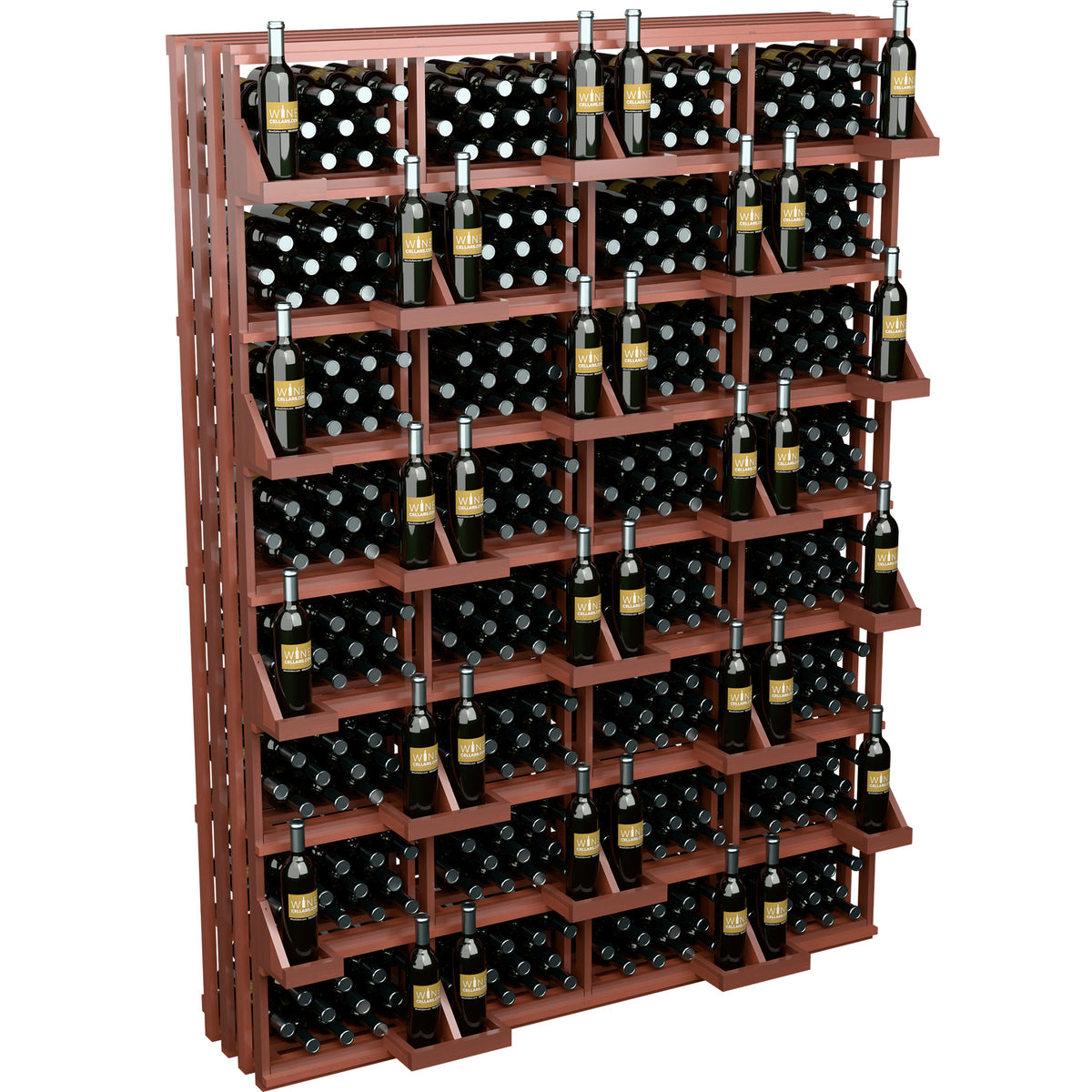 Commercial wine bottle wall display with reddish wood slat shelves and bottle rows