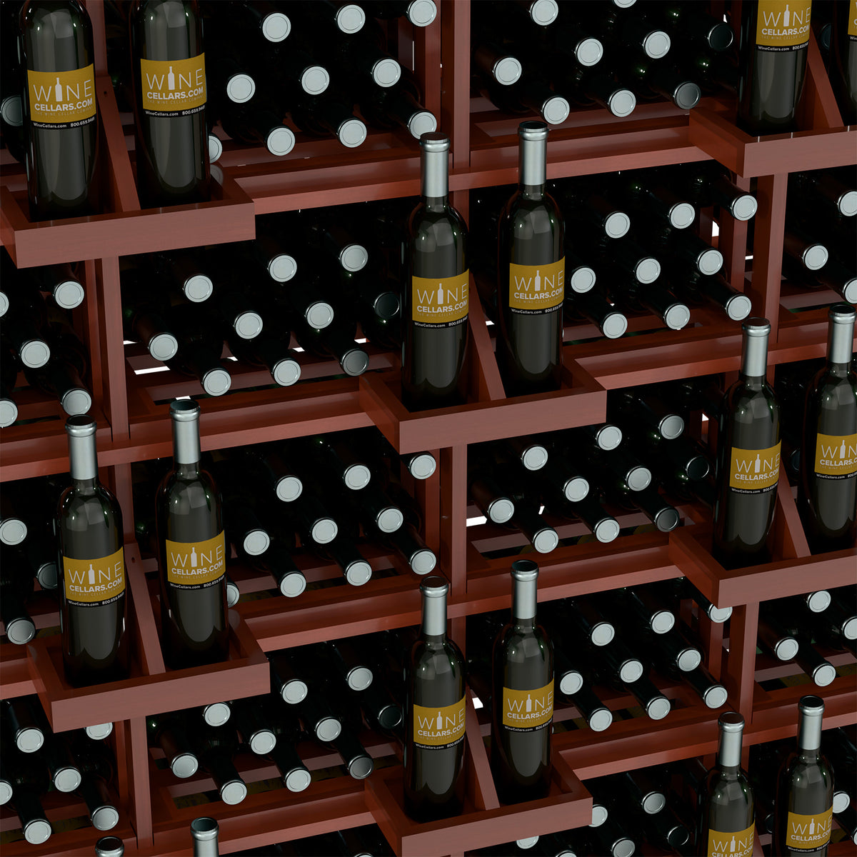 Close-up of wood wine bottle rack showing capped bottles in slat compartments