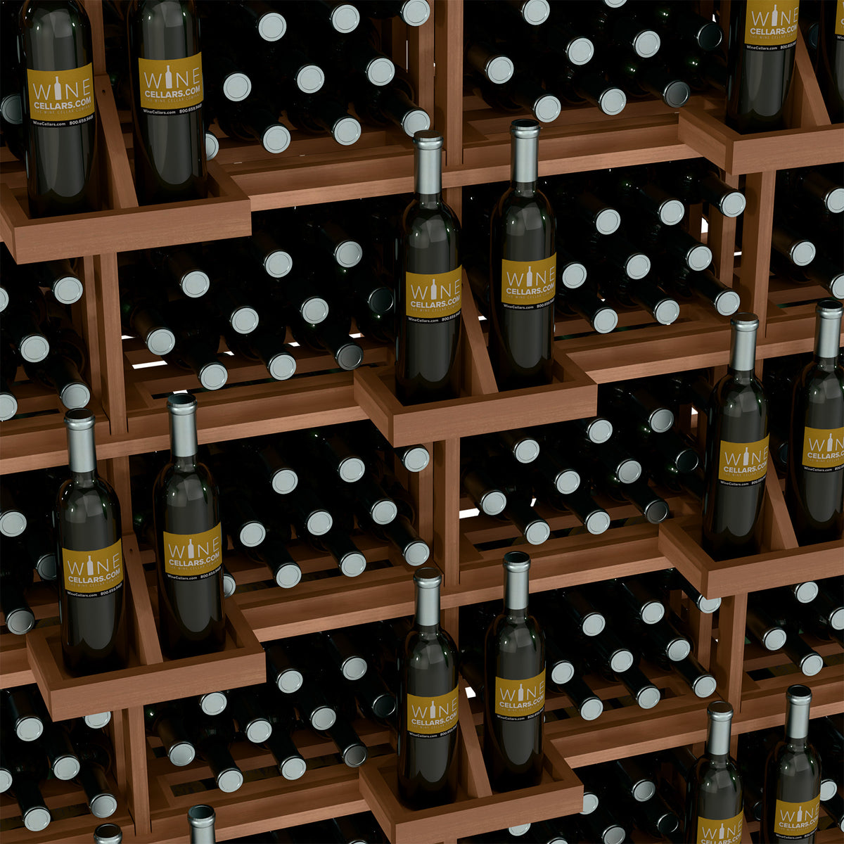 Wine bottle storage wall display with warm wood shelves and bottle holders