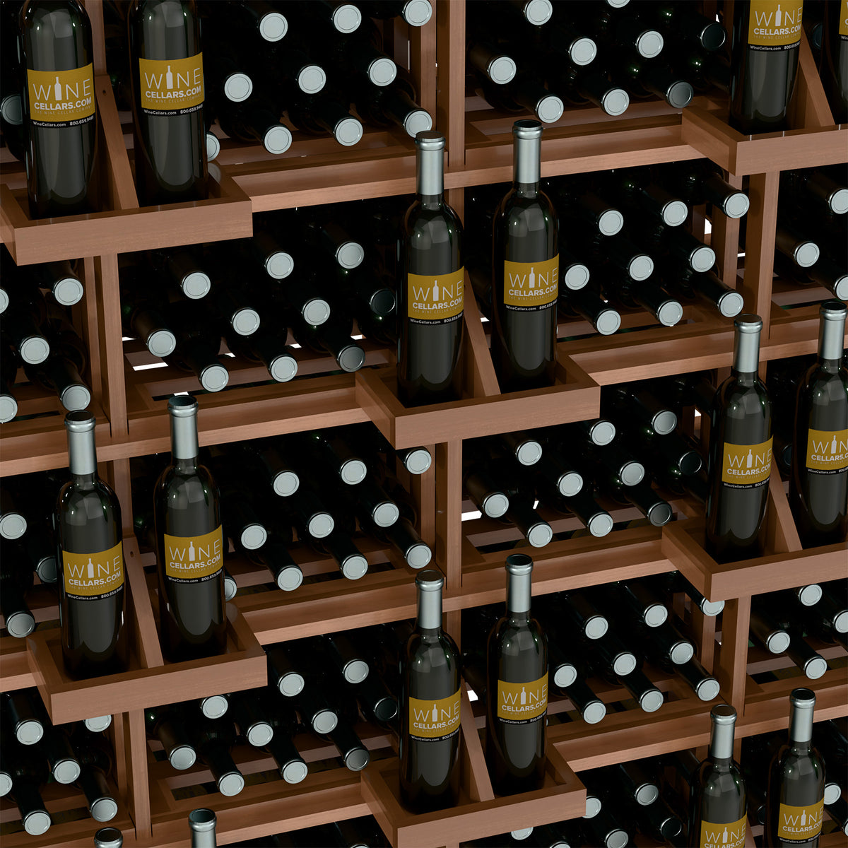 Close-up of light wood wine bottle rack with capped bottles in square bins