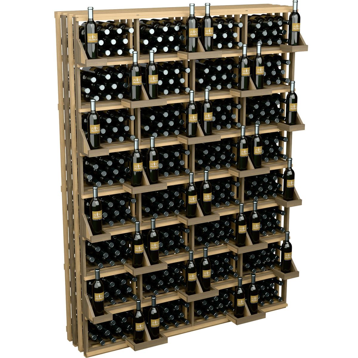 Wine bottle wall display with bulk bins, wider view of light wood bottle storage unit