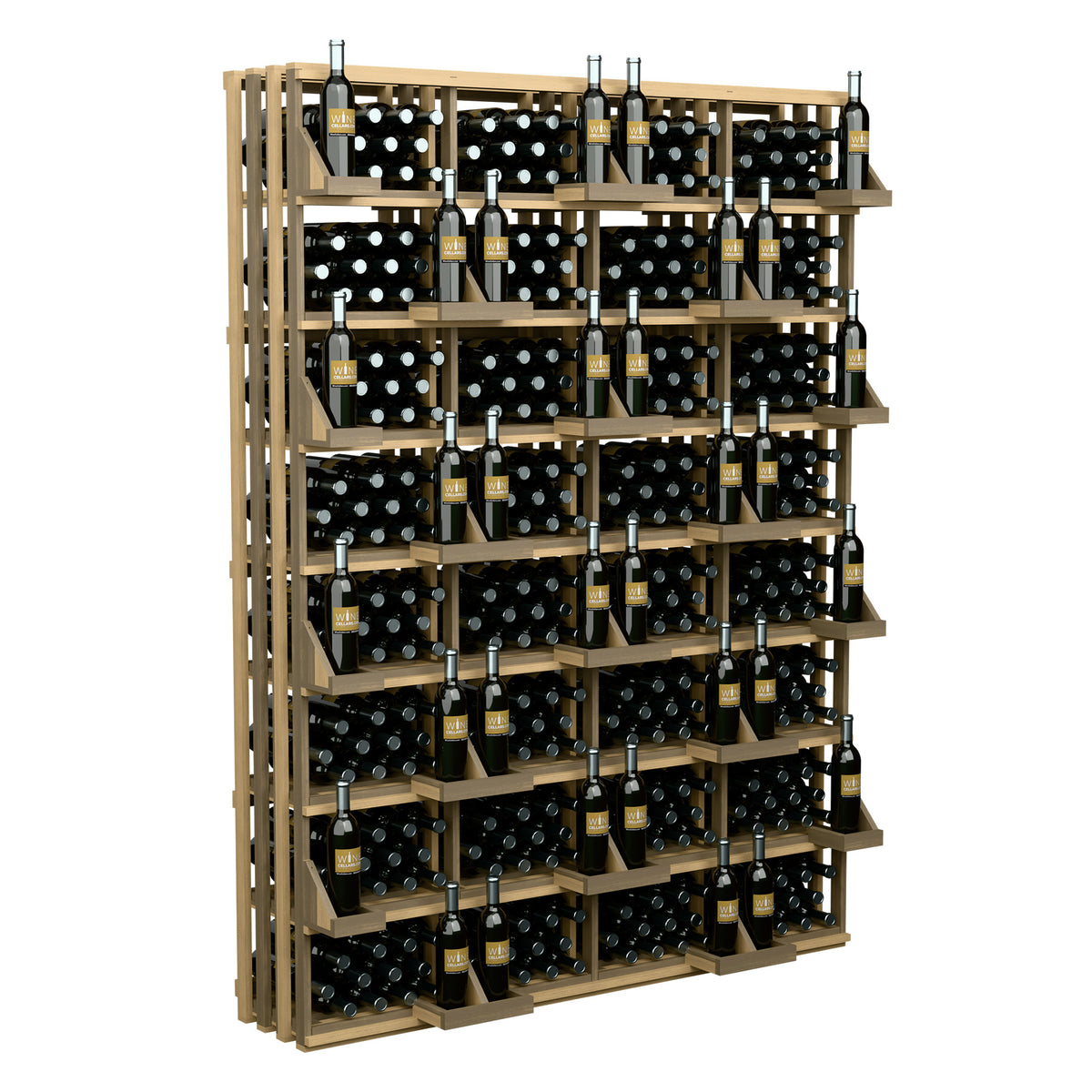 Wine bottle wall display rack with light wood shelves and bottle storage rows