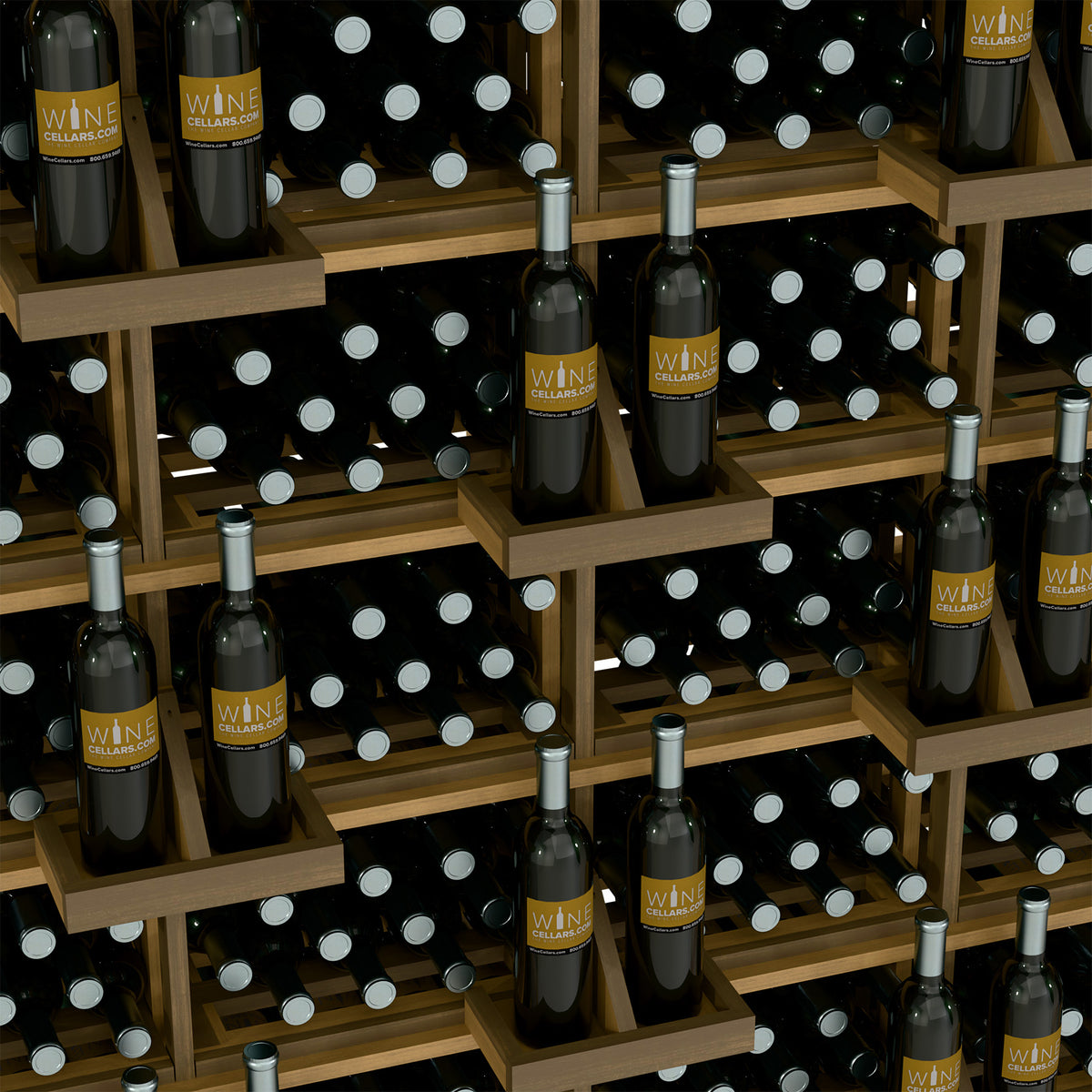 Wine bottle wall display with light wood shelves and bottles, silver caps visible