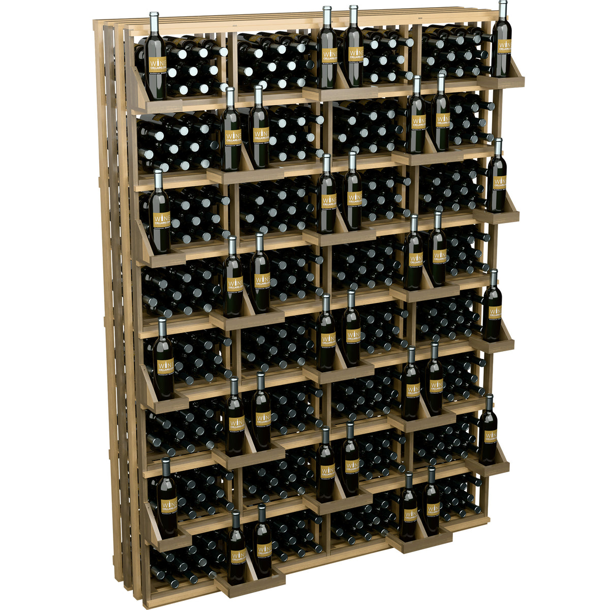 Commercial wine bottle wall display with light wood shelves and multiple bottles per row